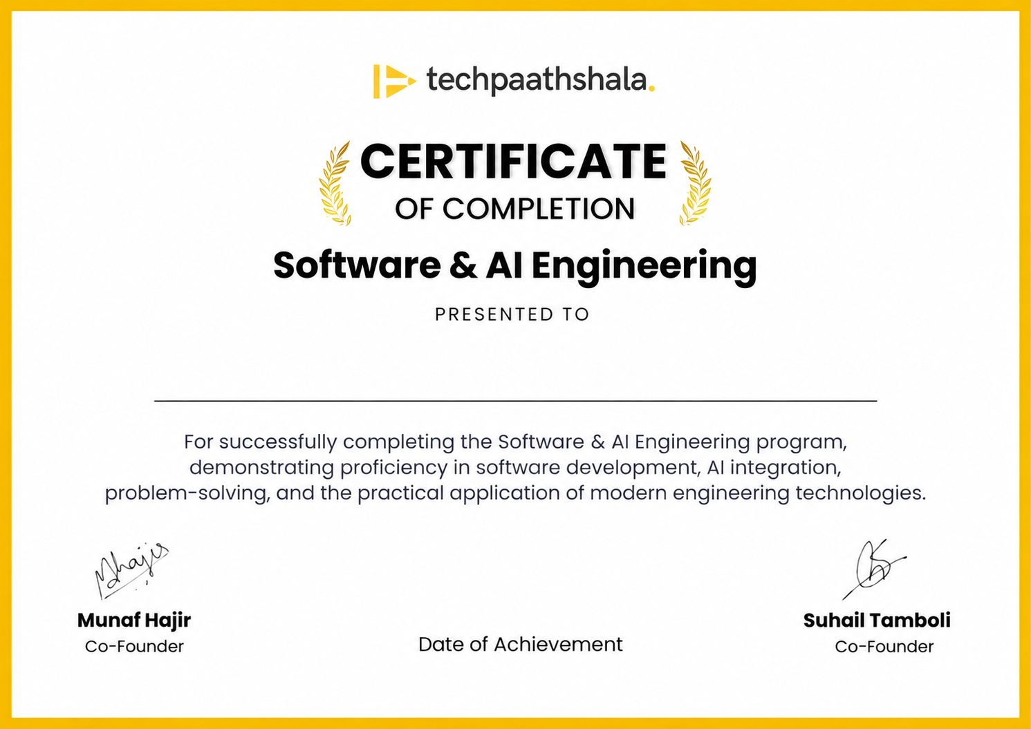 Techpaathshala Software & AI Engineering certificate of completion